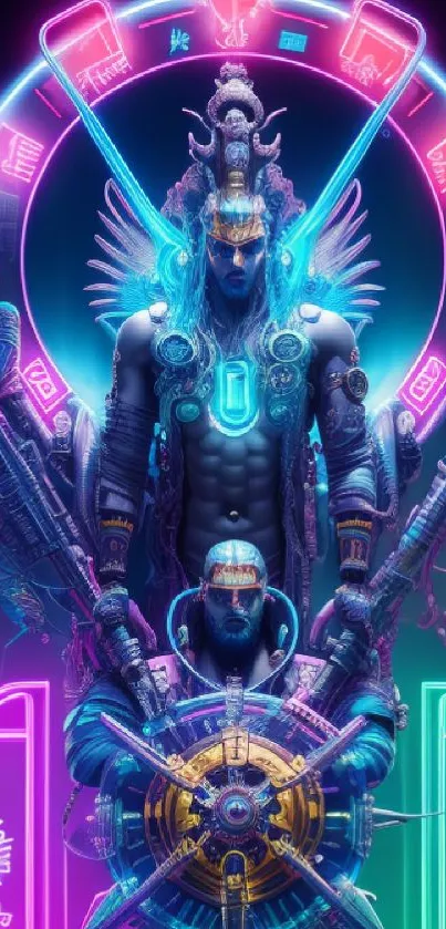 Futuristic neon warrior with mythological elements.