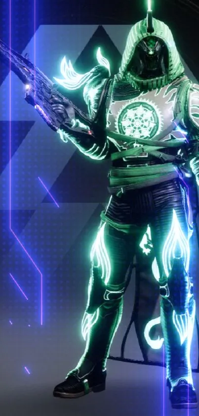 Futuristic neon warrior with glowing armor design.