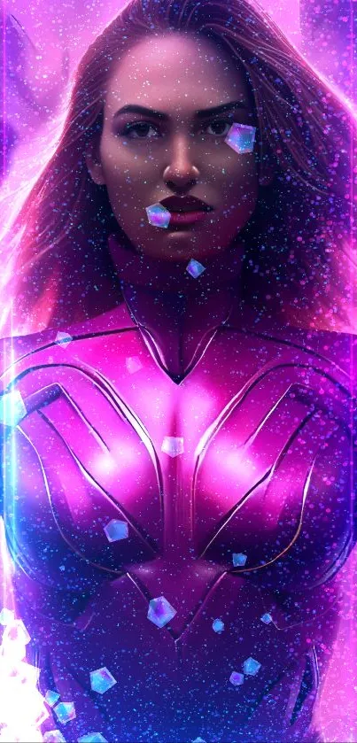 Futuristic warrior with neon magenta glow and sci-fi elements in mobile wallpaper.