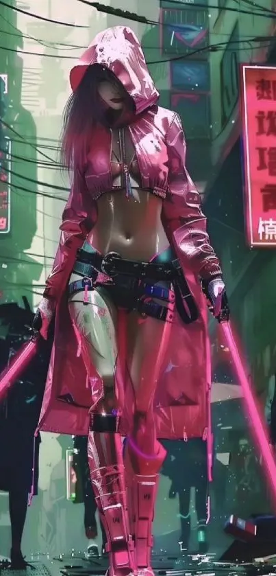 Cyberpunk themed wallpaper with neon warrior in cityscape.