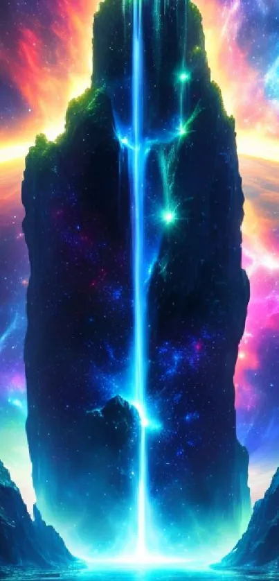 Futuristic neon waterfall in cosmic landscape with vibrant colors.