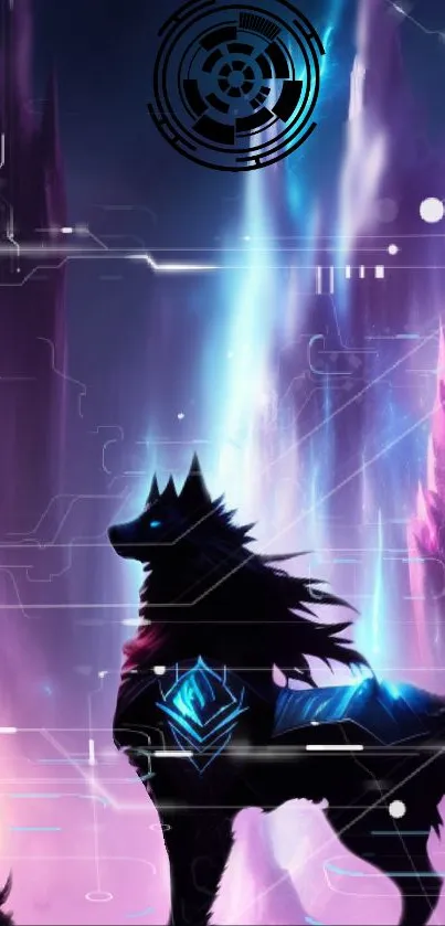 Futuristic neon wolf with glowing elements in a digital landscape.