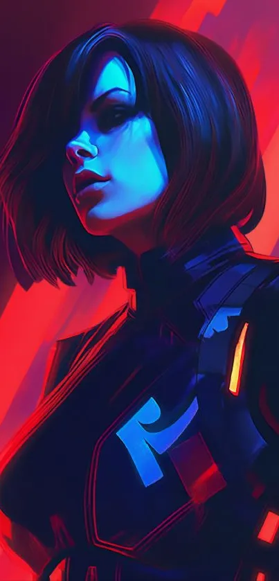 Futuristic neon portrait of a woman with vibrant red and blue hues.