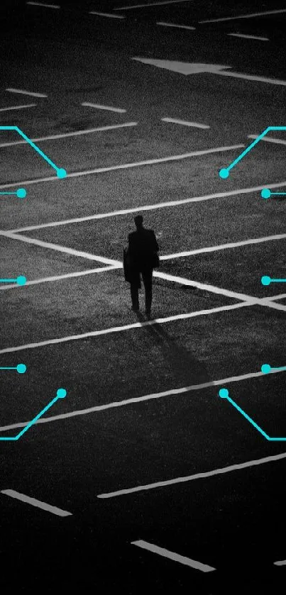 Futuristic network design with person silhouette and digital nodes.