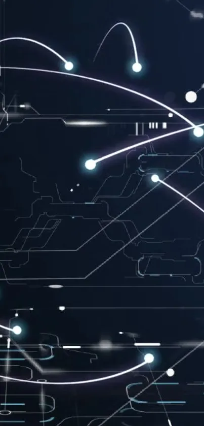 Futuristic wallpaper with network lines and glowing nodes on a dark blue background.