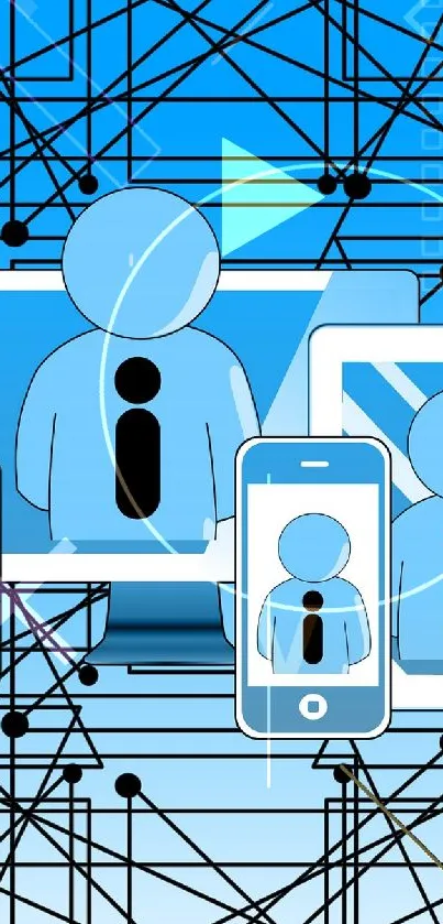 Mobile wallpaper with blue network design and connected devices.