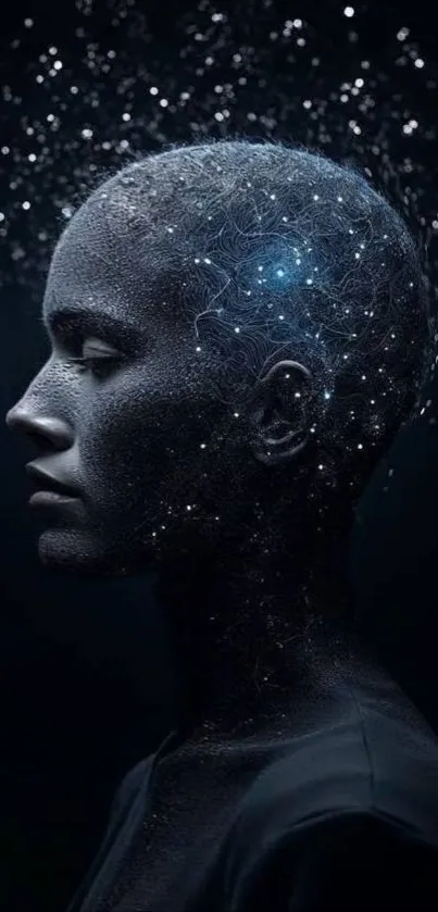 Futuristic portrait with neural connections and cosmic elements on dark background.