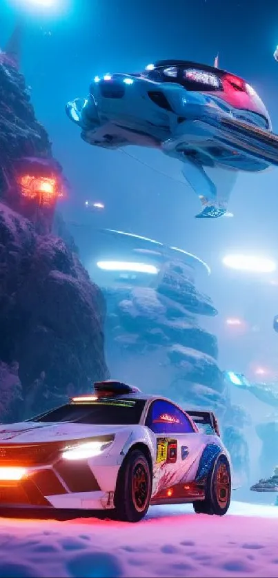 Futuristic car on snowy terrain under neon lights.
