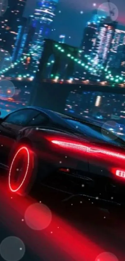 Futuristic car with neon lights in vibrant cityscape