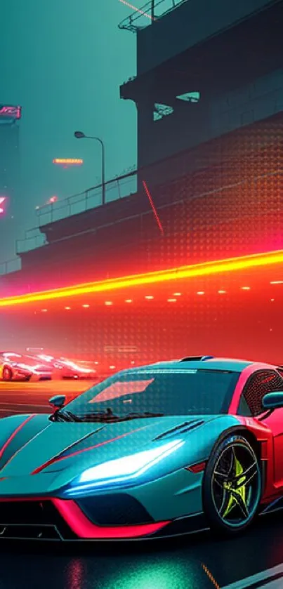 Futuristic sports car on neon-lit city street at night.