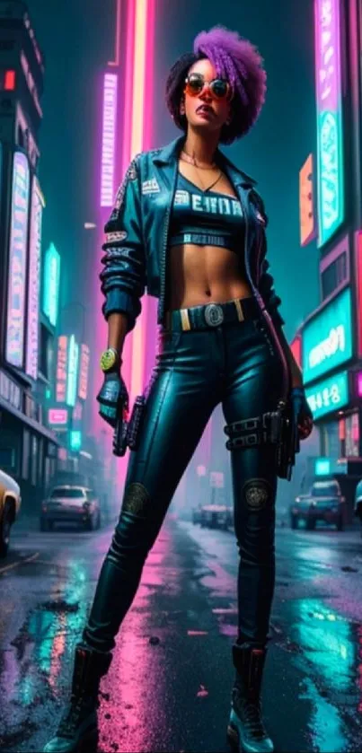 Cyberpunk-inspired design with neon lights and futuristic fashion in a night city scene.