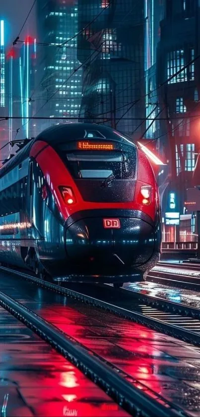 Futuristic train in neon-lit cityscape at night.