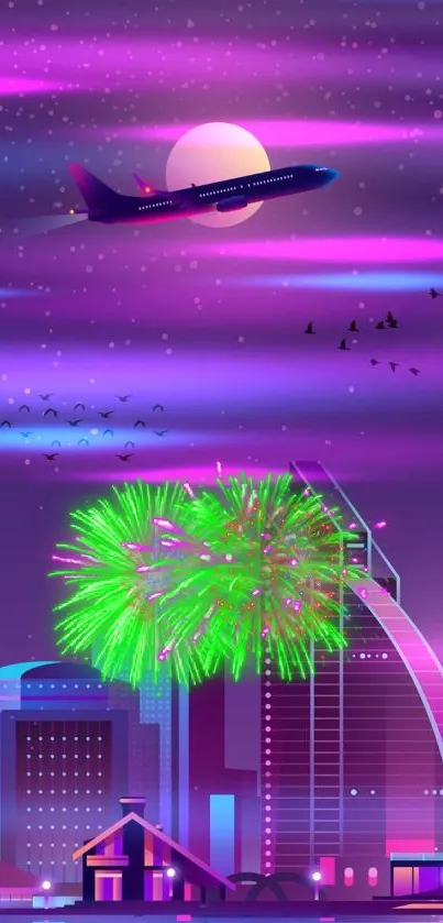 Futuristic cityscape with neon lights and airplane under starry night sky.