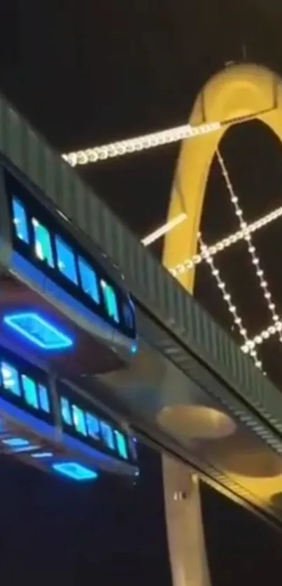 Futuristic cityscape with bright lights and modern bridge design.