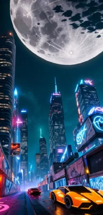 Futuristic cityscape with neon lights, giant moon, and a vibrant street scene.