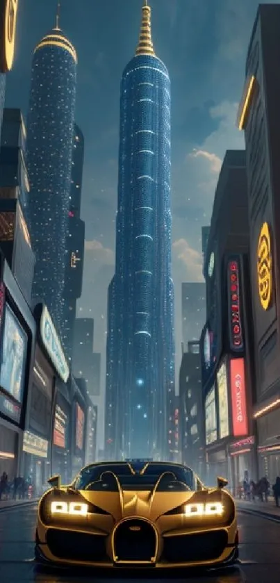 Futuristic city street with a golden car and skyscrapers at night.