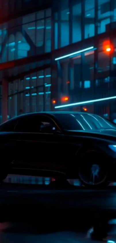 Futuristic cityscape with neon lights and a sleek car at night.