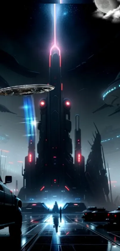 Futuristic cityscape with glowing towers and a moonlit sky.