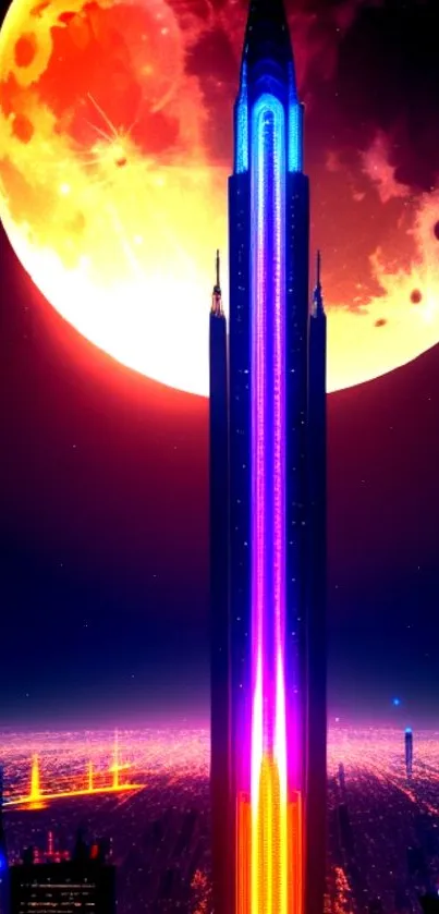 Futuristic skyscraper under a glowing full moon with vibrant neon colors.