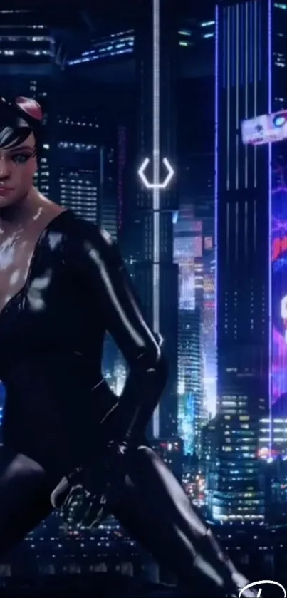 Futuristic cityscape with neon lights and sleek character in black catsuit.