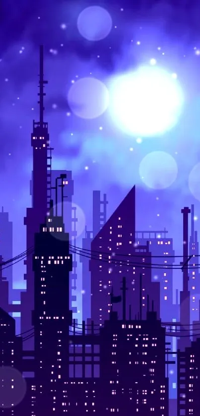 Abstract cityscape wallpaper with purple night sky and neon highlights.