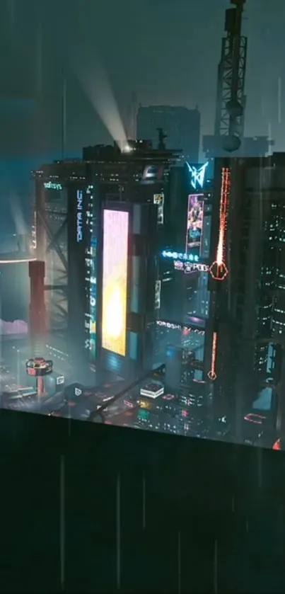 Futuristic cityscape with neon lights and skyscrapers in a cyberpunk style at night.