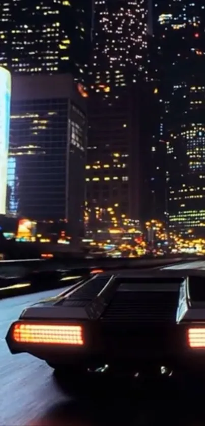 Futuristic cityscape with neon lights and sleek car at night.
