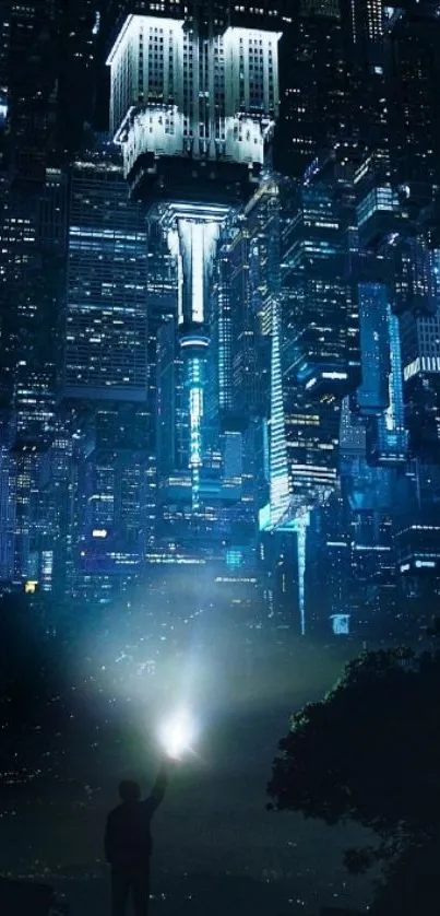 Futuristic cityscape at night with silhouette and neon blue tones.