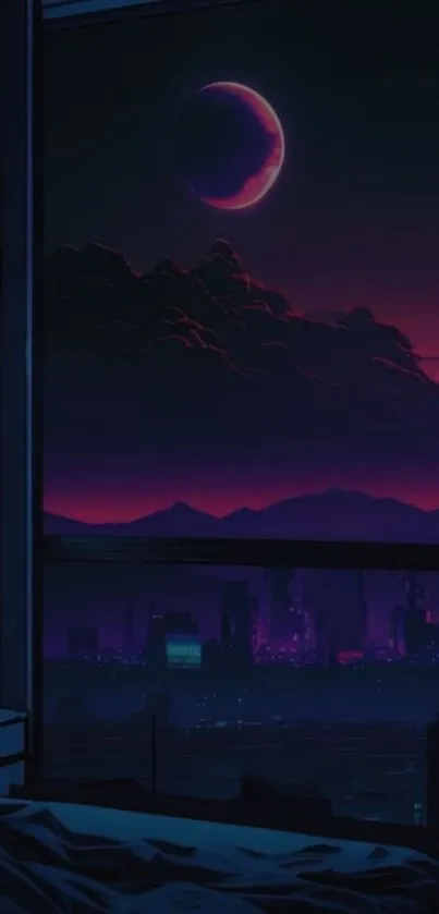 Neon cityscape with a cosmic sky viewed from a serene bedroom at night.
