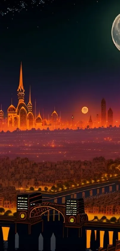 Futuristic cityscape with glowing orange lights under a full moon.