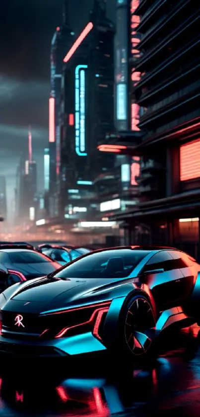 Futuristic car in neon-lit cityscape at night.