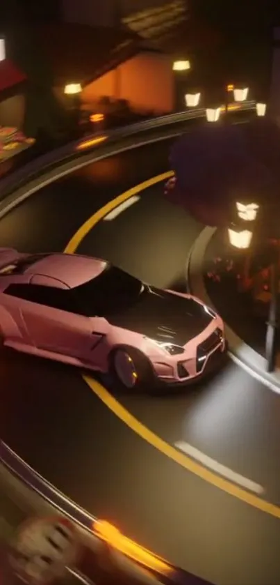 Sleek car on a futuristic city road at night.