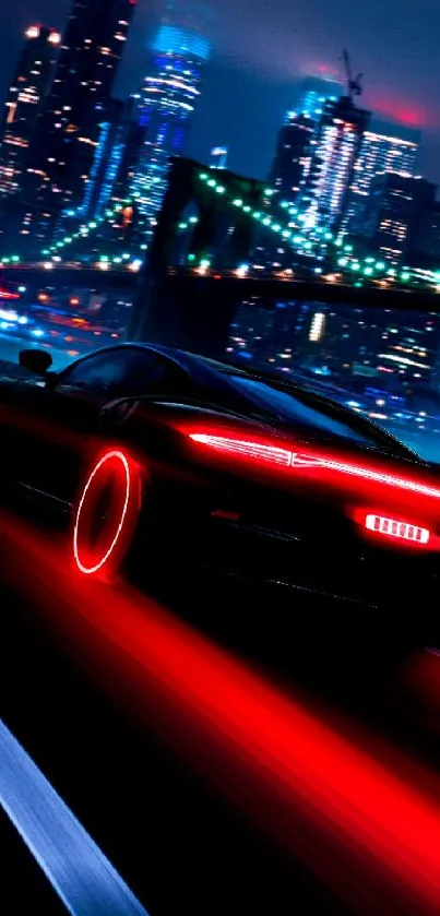 Futuristic car speeds through neon-lit cityscape at night.