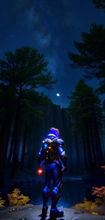 Futuristic explorer gazing at a starry night sky in a dense forest with vibrant colors.