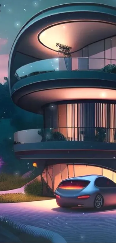 Futuristic house design at night with glowing lights and modern architecture.