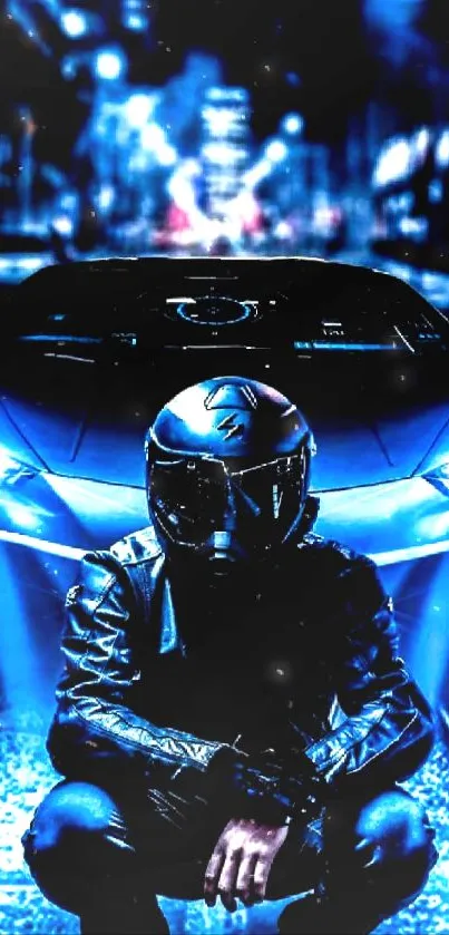 Futuristic motorcyclist in a blue-lit city.