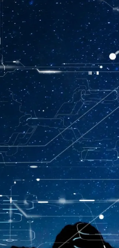 Futuristic wallpaper with digital circuits and a starry night sky background.