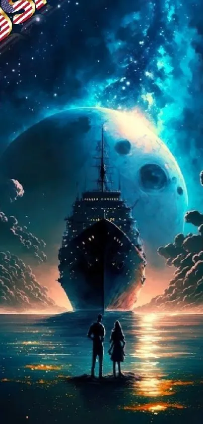 Futuristic scene with ship, moon, and cosmic sky.