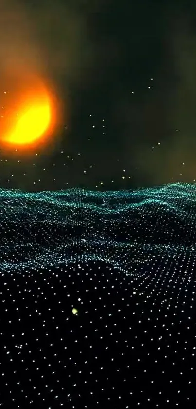 Futuristic night sky wallpaper with glowing digital waves and sun.