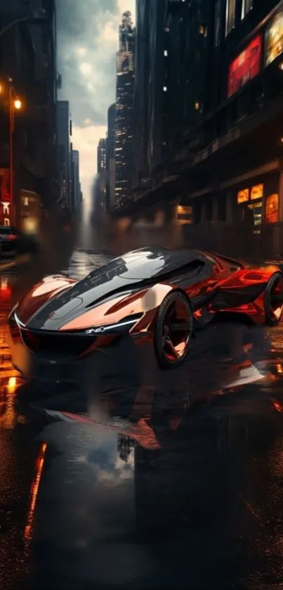 Futuristic sports car on a neon-lit city street at night.