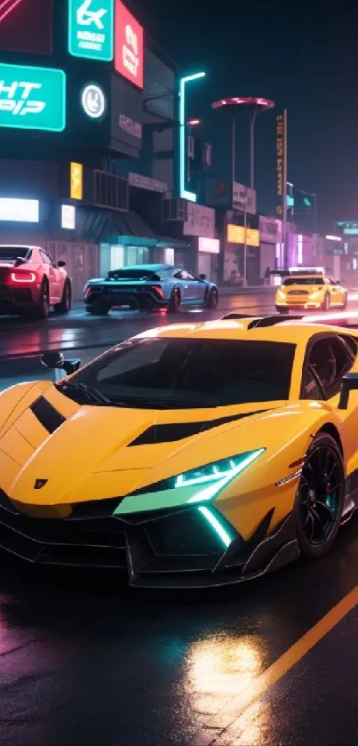 Vibrant night scene with a yellow sports car glowing under neon lights.