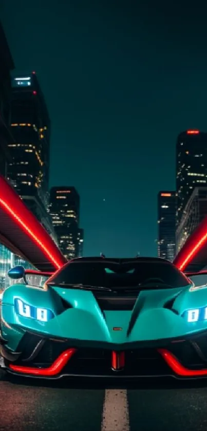 Futuristic supercar with neon lights in city nightscape.