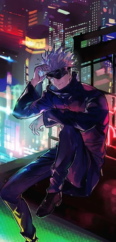 Anime character in neon-lit futuristic cityscape, vibrant digital art.