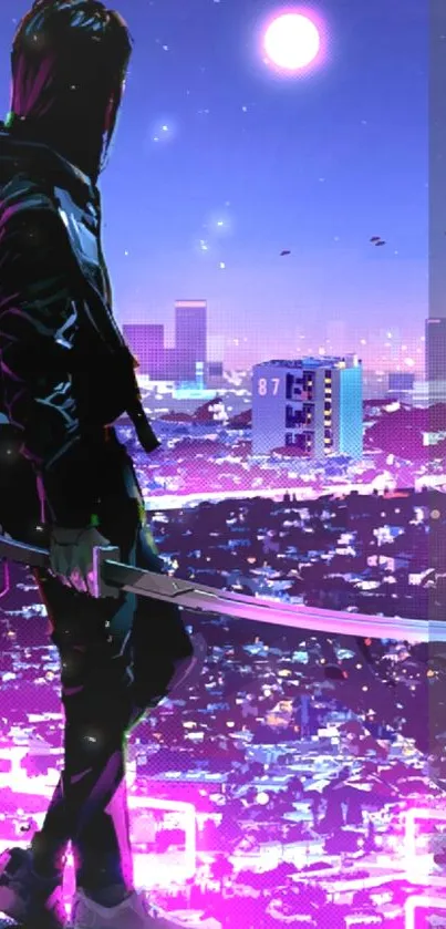 Samurai overlooks neon cityscape under a purple sky.