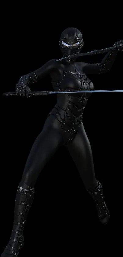 Futuristic ninja warrior in black suit with swords.