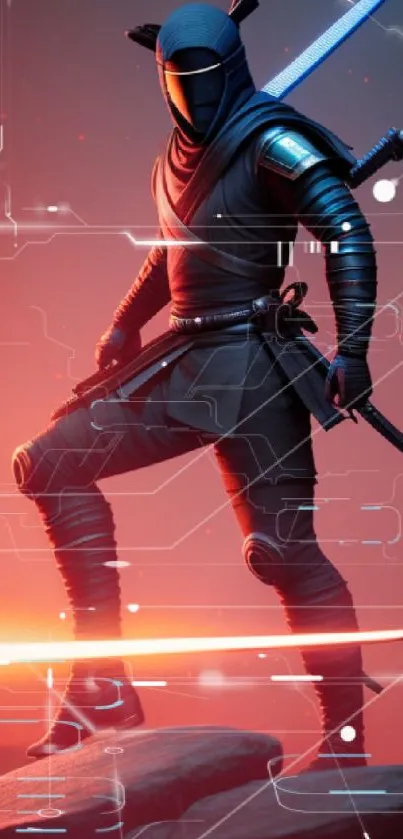 Futuristic ninja warrior with sword on vibrant red-orange background.