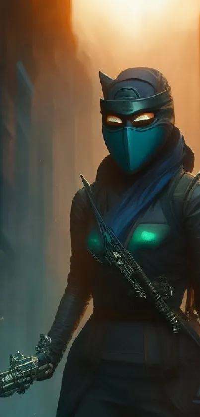 Futuristic ninja warrior with glowing eyes in a dark urban setting.