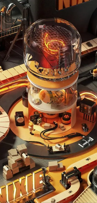 Futuristic Nixie tube art with orange hue and mechanical details.