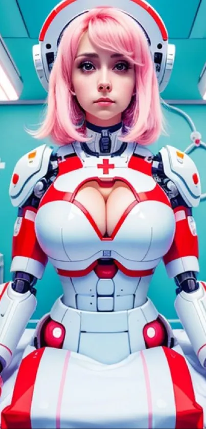 Futuristic nurse android in a vibrant sci-fi setting with intricate details.