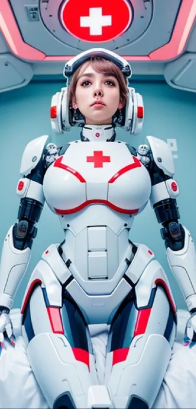 Futuristic robot nurse sitting in a high-tech room with medical design.